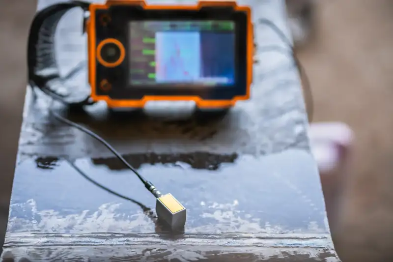 Ultrasonic flaw detector on a steel plate
