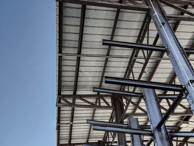 Steel roof framing on a building under construction